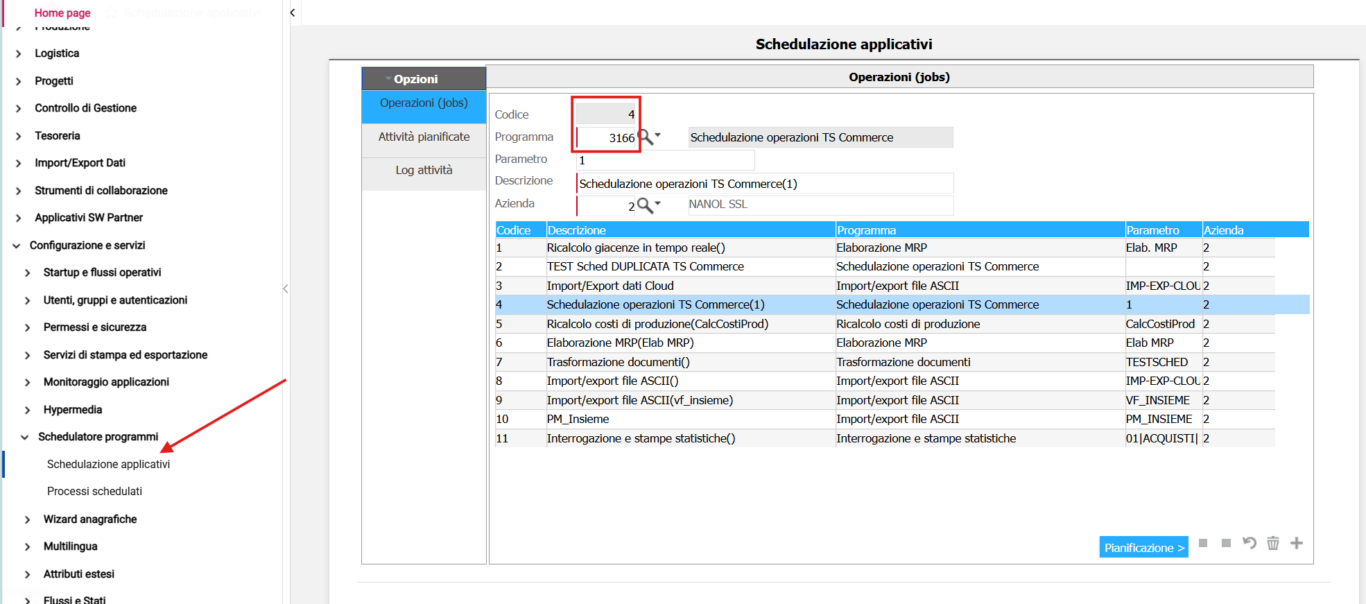 Voce Menu Schedulazione